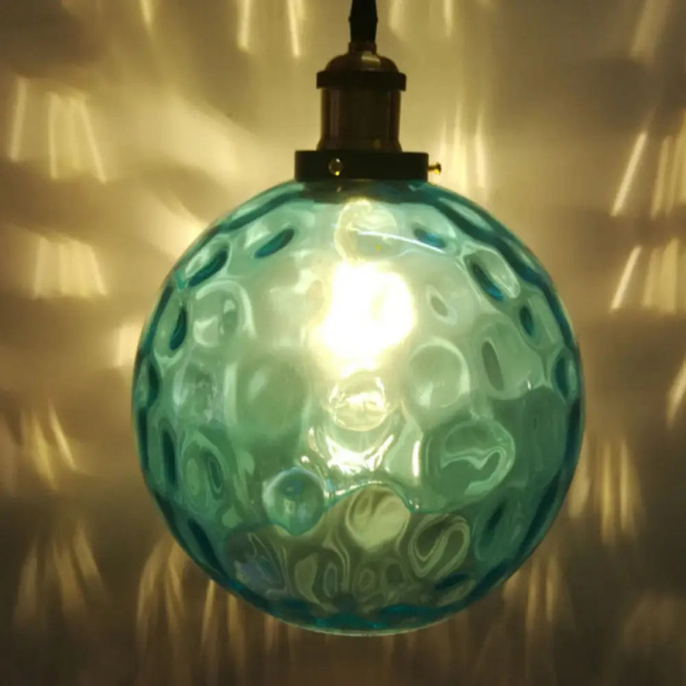 Modern Blue Rippled Glass Ball Hanging Light With Brass Ceiling Suspension - 1 (8’/10’/12’