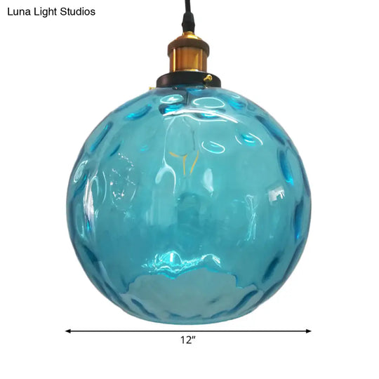 Modern Blue Rippled Glass Ball Hanging Light With Brass Ceiling Suspension - 1 (8’/10’/12’ Sizes)