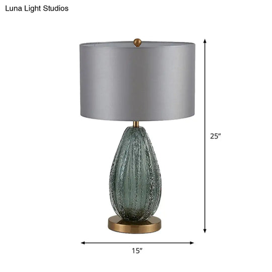 Modern Blue Seeded Glass Ellipse Night Lamp - Grey Table Light With Drum Fabric Shade (12/15 W)