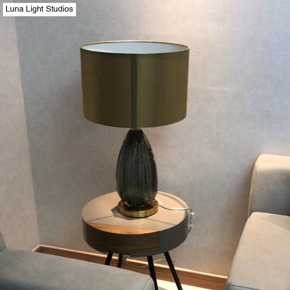 Modern Blue Seeded Glass Ellipse Night Lamp - Grey Table Light With Drum Fabric Shade (12/15 W)