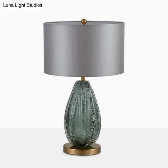 Modern Blue Seeded Glass Ellipse Night Lamp - Grey Table Light With Drum Fabric Shade (12/15 W)