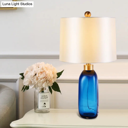 Modern Blue Table Lamp With Cylindrical Fabric Shade - 1 Head Living Room Task Light