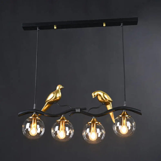 Modern Branch Island Pendant Light With Ball Glass Shade And Bird Deco - Metal 4-Light Fixture For