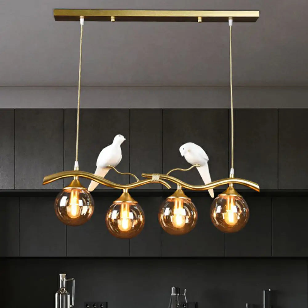 Modern Branch Island Pendant Light With Ball Glass Shade And Bird Deco - Metal 4-Light Fixture For