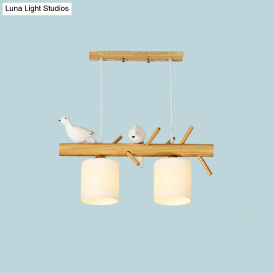 Modern Branch Island Pendant Light With Led Wood Dining Room Ceiling And Cream Glass Shade