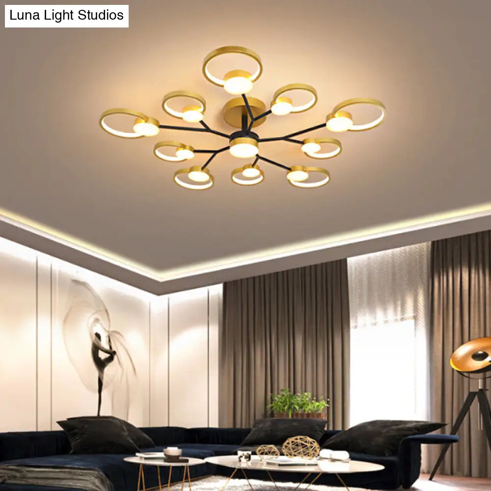 Modern Branched Semi Flush Ceiling Light In Black/Gold 6/9 Lights Warm/White 9 / Gold White
