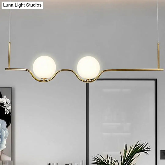 Modern Brass 2-Head Island Pendant With Adjustable Cord - Ball White Glass Shade Living Room Ceiling