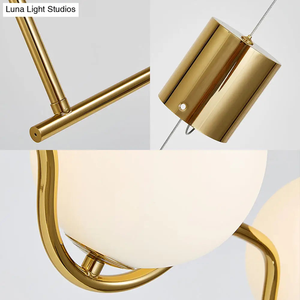 Modern Brass 2-Head Island Pendant With Adjustable Cord - Ball White Glass Shade Living Room Ceiling