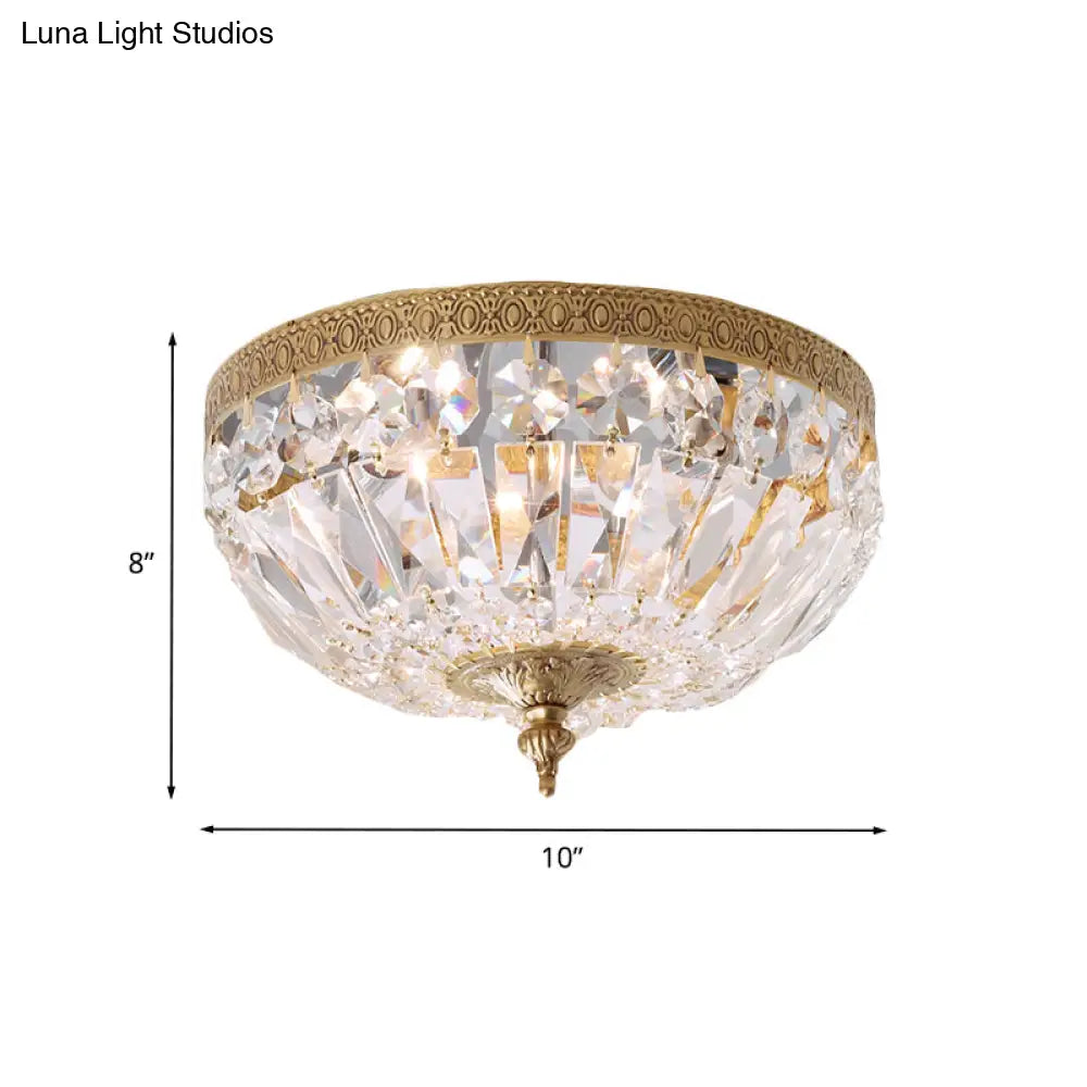 Modern Brass Bowl - Shape Ceiling Flush Light With Crystal Strand - 2 Bulbs Bedroom Lamp