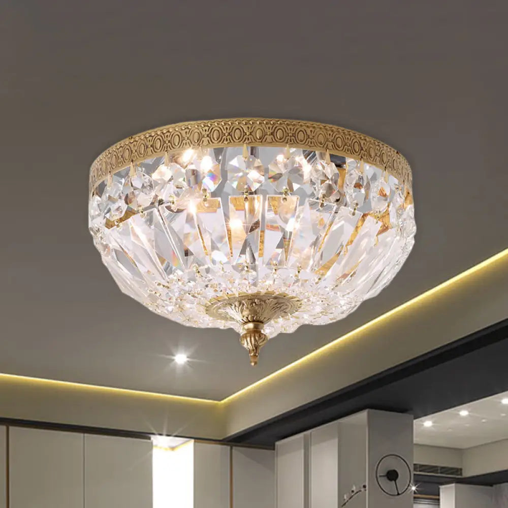 Modern Brass Bowl - Shape Ceiling Flush Light With Crystal Strand - 2 Bulbs Bedroom Lamp