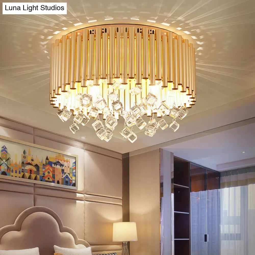 Modern Brass Ceiling Lamp With Metal Flute Shade And Crystal Drop - Drum Flush Light (4/5 Lights)