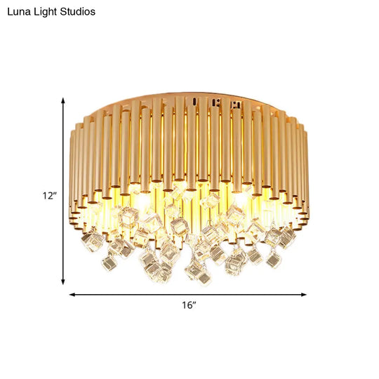 Modern Brass Ceiling Lamp With Metal Flute Shade And Crystal Drop - Drum Flush Light (4/5 Lights)