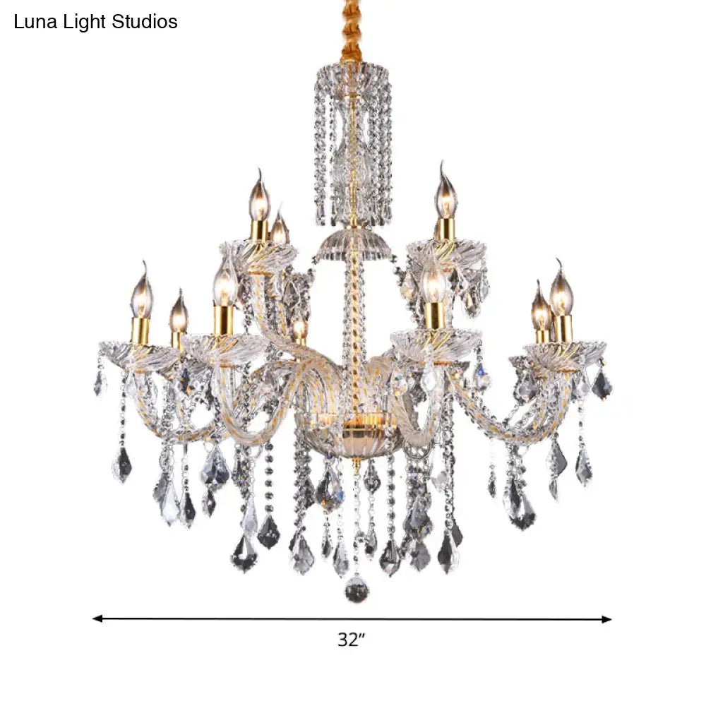 Modern Brass Chandelier Lamp With Curved Arm Beveled Crystal And 10 Bulbs For Living Room Pendant