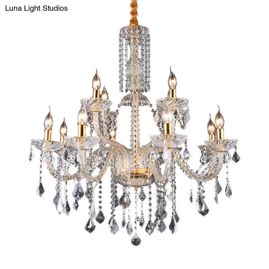 Modern Brass Chandelier Lamp With Curved Arm Beveled Crystal And 10 Bulbs For Living Room Pendant