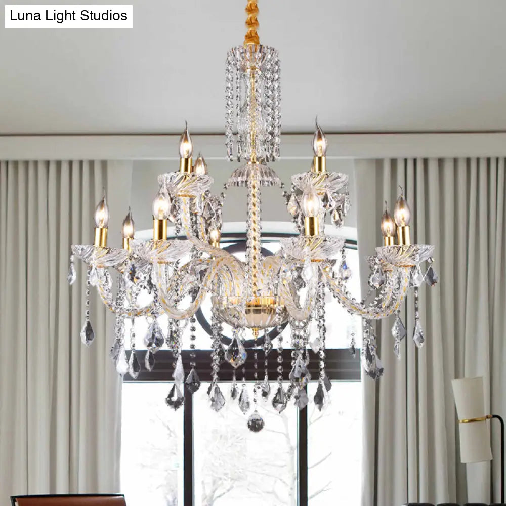 Modern Brass Chandelier Lamp With Curved Arm Beveled Crystal And 10 Bulbs For Living Room Pendant