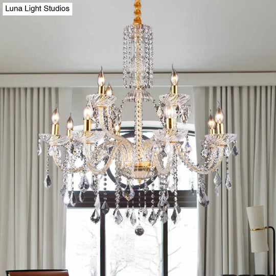 Modern Brass Chandelier Lamp With Curved Arm Beveled Crystal And 10 Bulbs For Living Room Pendant