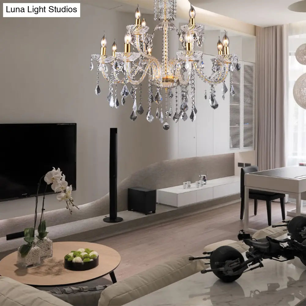 Modern Brass Chandelier Lamp With Curved Arm Beveled Crystal And 10 Bulbs For Living Room Pendant