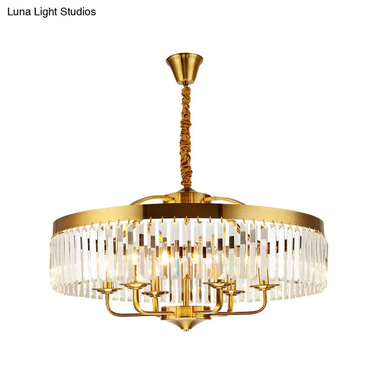 Modern Brass Chandelier Light With Crystal Block Shade - 8-Light Drum Pendant For Living Room