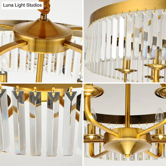 Modern Brass Chandelier Light With Crystal Block Shade - 8-Light Drum Pendant For Living Room