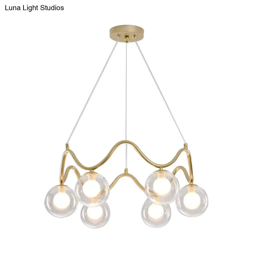 Modern Brass Chandelier With 6-Lights Iron Wave Pendant Ceiling Light Clear/White Double Ball Glass