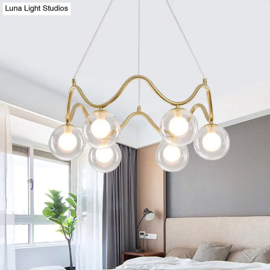 Modern Brass Chandelier With 6-Lights Iron Wave Pendant Ceiling Light Clear/White Double Ball Glass