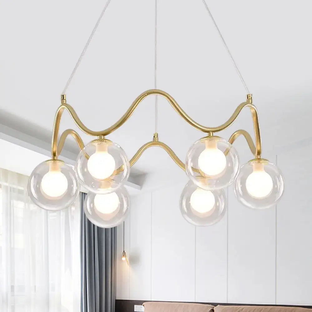 Modern Brass Chandelier With 6-Lights Iron Wave Pendant Ceiling Light Clear/White Double Ball Glass