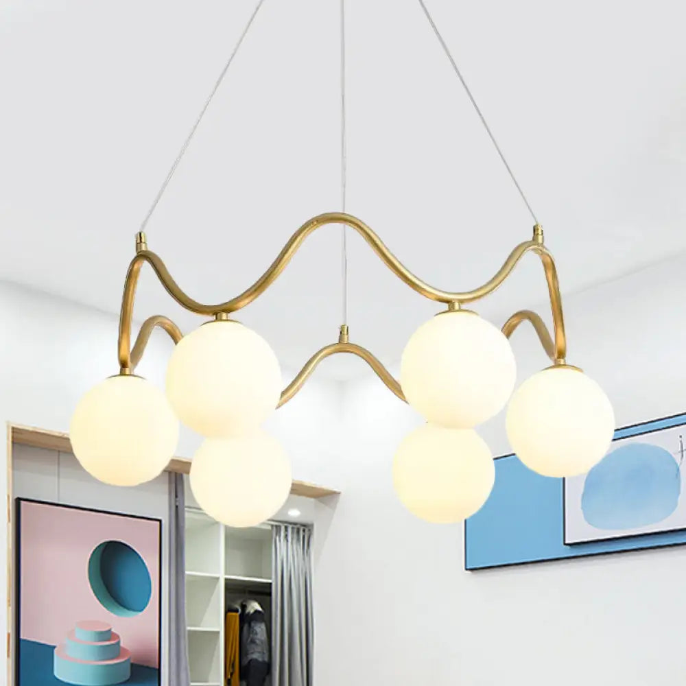 Modern Brass Chandelier With 6-Lights Iron Wave Pendant Ceiling Light Clear/White Double Ball Glass