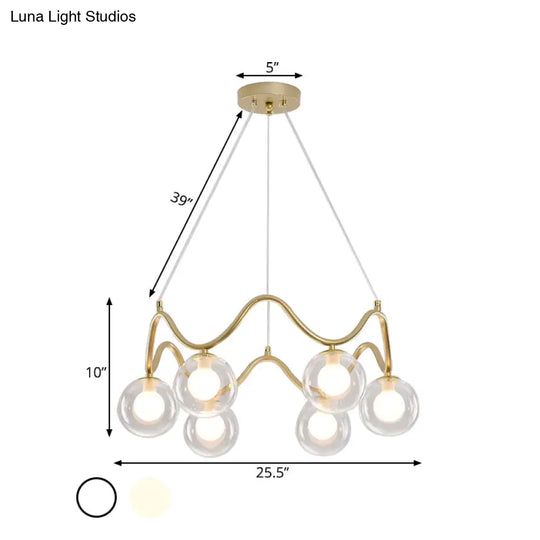 Modern Brass Chandelier With 6-Lights Iron Wave Pendant Ceiling Light Clear/White Double Ball Glass