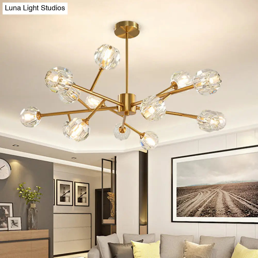 Modern Brass Chandelier With Faceted Crystal Shade For Kitchen Ceiling - 9/12/15 Lights