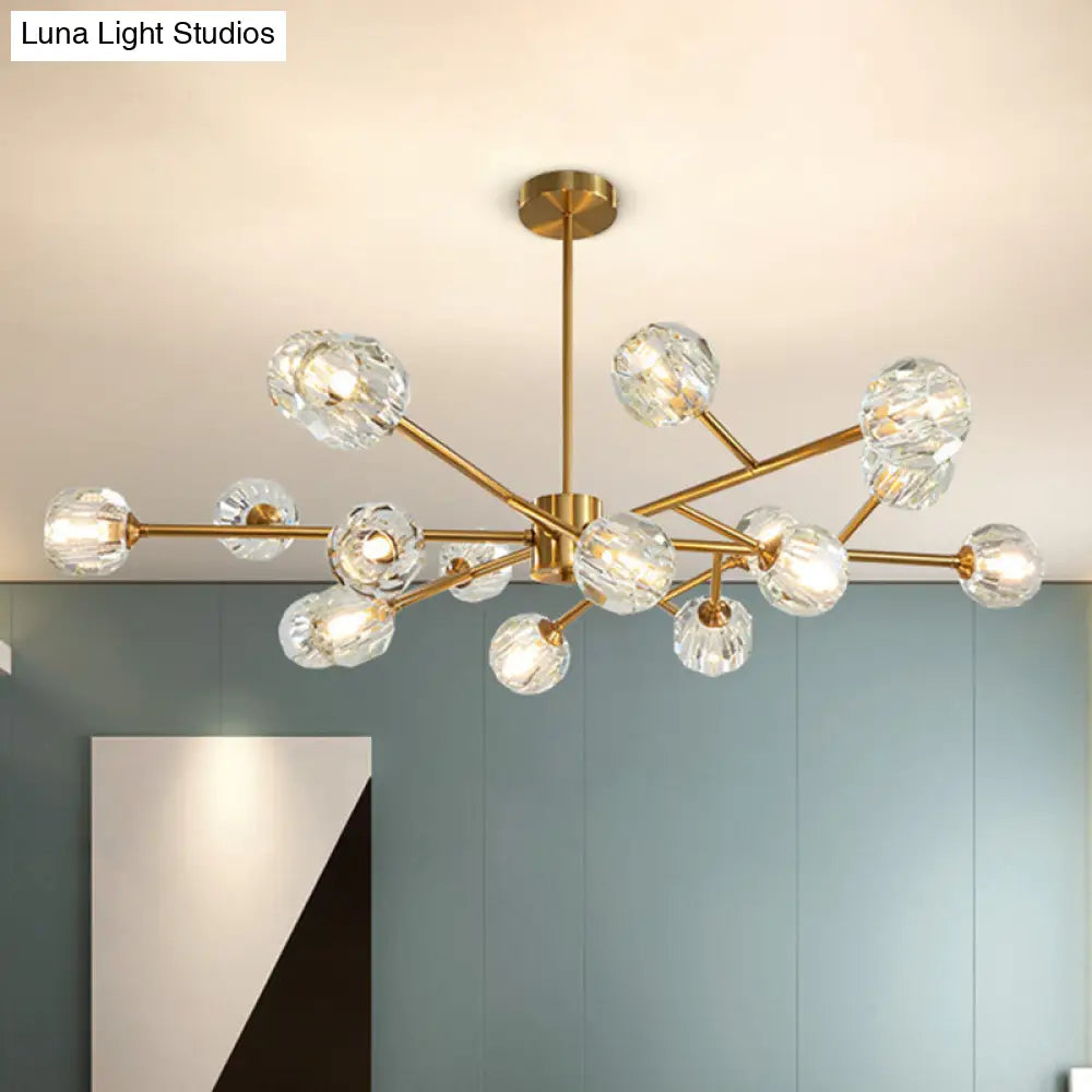 Modern Brass Chandelier With Faceted Crystal Shade For Kitchen Ceiling - 9/12/15 Lights