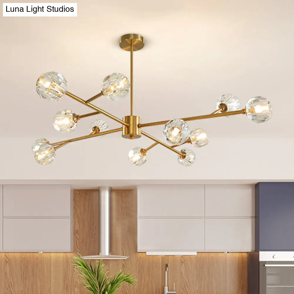 Modern Brass Chandelier With Faceted Crystal Shade For Kitchen Ceiling - 9/12/15 Lights