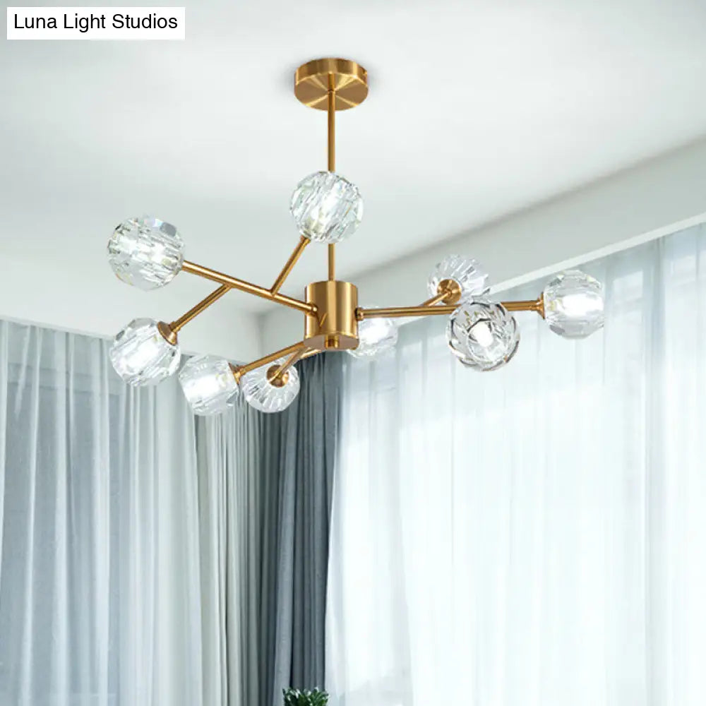 Modern Brass Chandelier With Faceted Crystal Shade For Kitchen Ceiling - 9/12/15 Lights