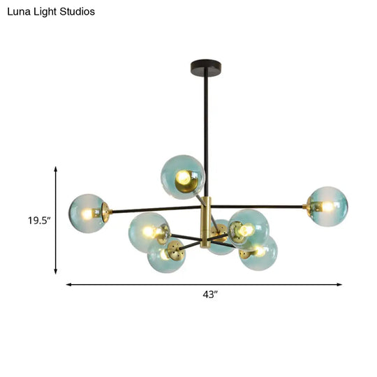 Modern Brass Chandelier With Blue Glass Shades - 8-Light Pendant Fixture