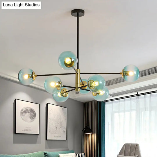 Modern Brass Chandelier With Blue Glass Shades - 8-Light Pendant Fixture