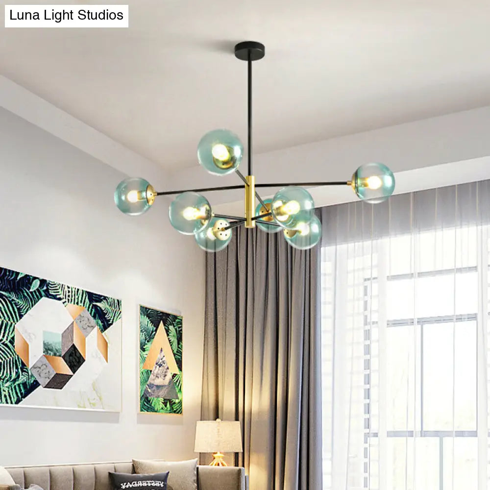 Modern 8-Light Brass Pendant Chandelier With Blue Glass Shade