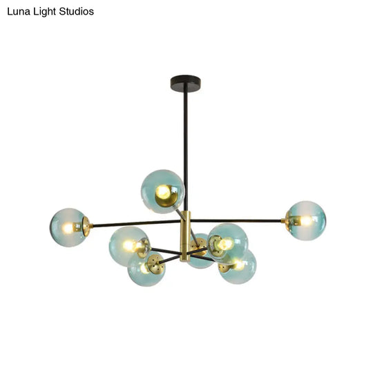 Modern 8-Light Brass Pendant Chandelier With Blue Glass Shade