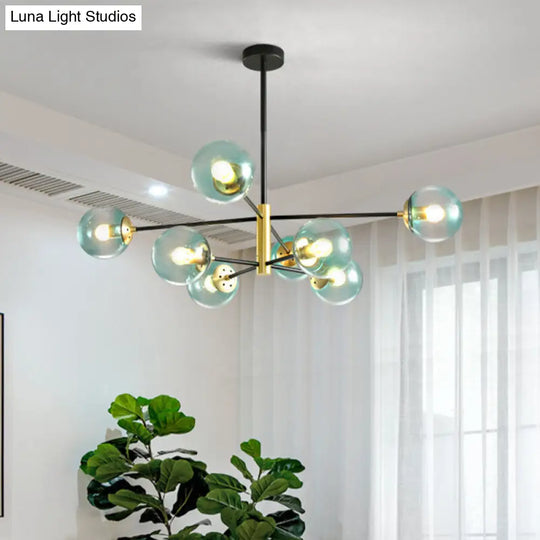 Modern 8-Light Brass Pendant Chandelier With Blue Glass Shade