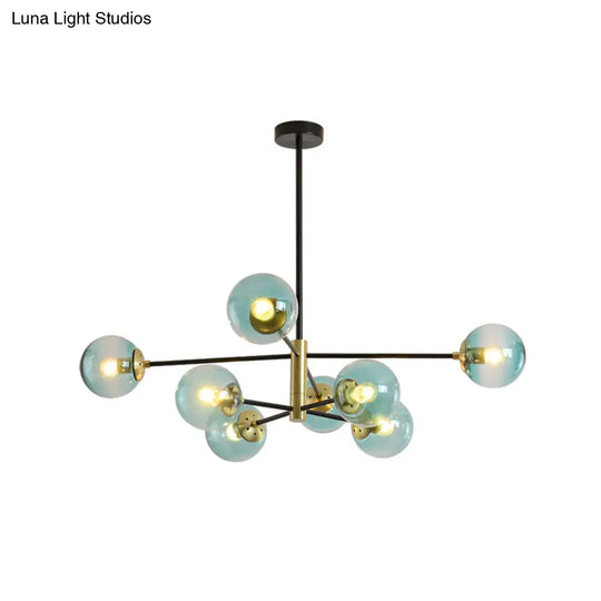 Modern Brass Chandelier With Blue Glass Shades - 8-Light Pendant Fixture