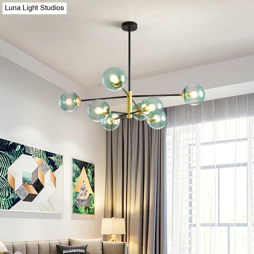 Modern Brass Chandelier With Blue Glass Shades - 8-Light Pendant Fixture