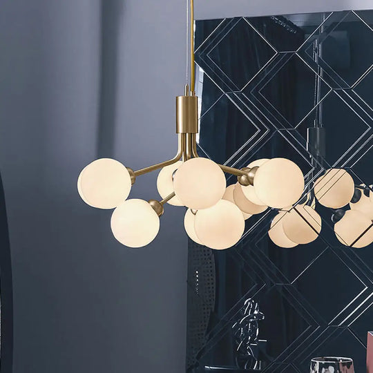 Modern Brass Chandelier With Cream Glass Shades - 9 Bulb Molecular Hanging Lamp