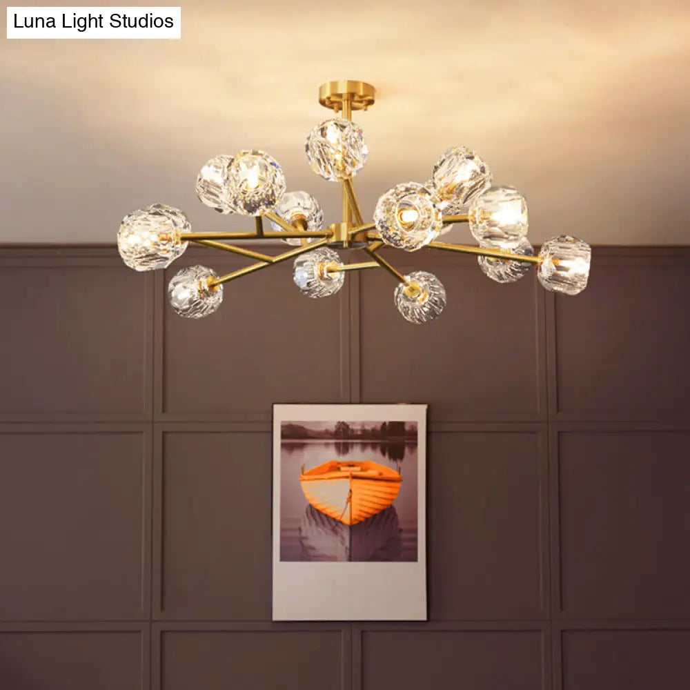 Modern Brass Chandelier With Crystal Ball Shade - Tree Branch Pendant Light