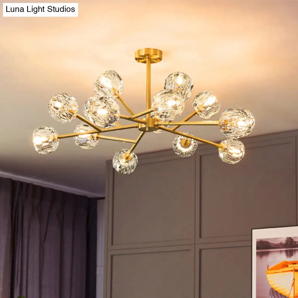 Postmodern Brass Tree Branch Chandelier With Crystal Ball Shade