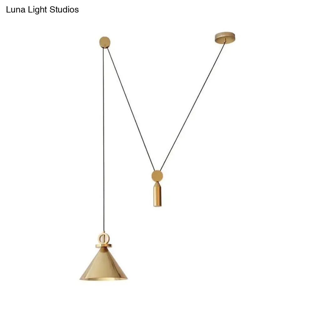 Modern Brass Metal Kitchen Pendant Lamp With Pulley Suspension - Conic Drop Design