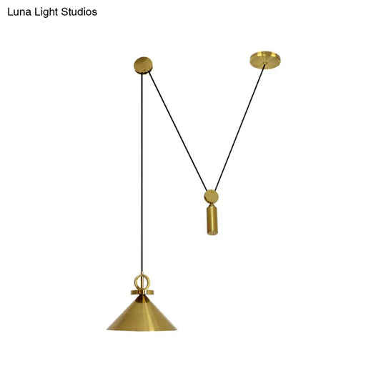 Modern Brass Conic Drop Pendant Kitchen Lamp With 1-Light And Pulley Suspension