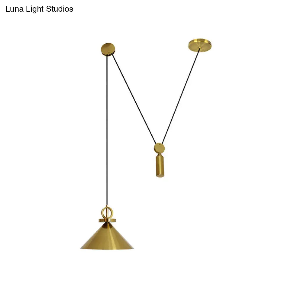Modern Brass Metal Kitchen Pendant Lamp With Pulley Suspension - Conic Drop Design