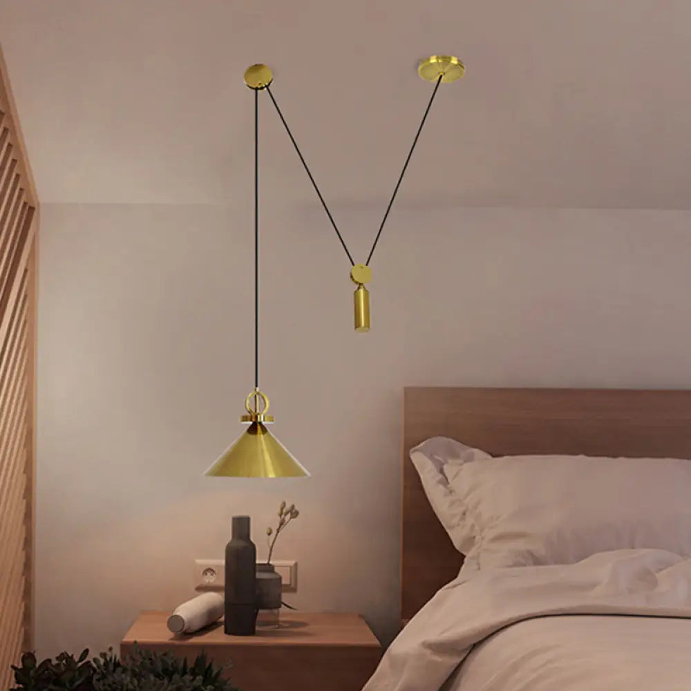Modern Brass Conic Drop Pendant Kitchen Lamp With 1-Light And Pulley Suspension