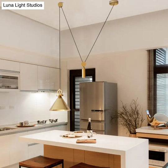 Modern Brass Metal Kitchen Pendant Lamp With Pulley Suspension - Conic Drop Design