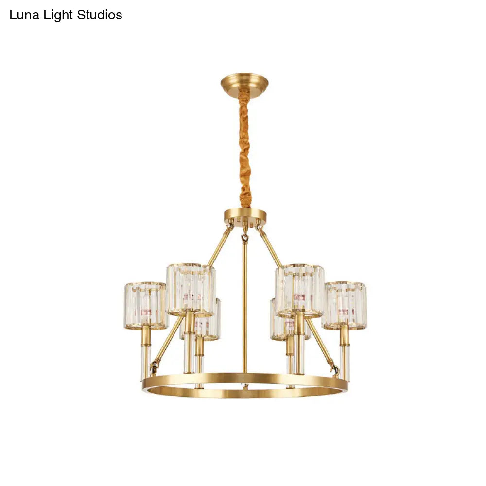 Modern Brass Cylinder Chandelier With 6 Crystal Suspension Lights - Perfect For Dining Rooms