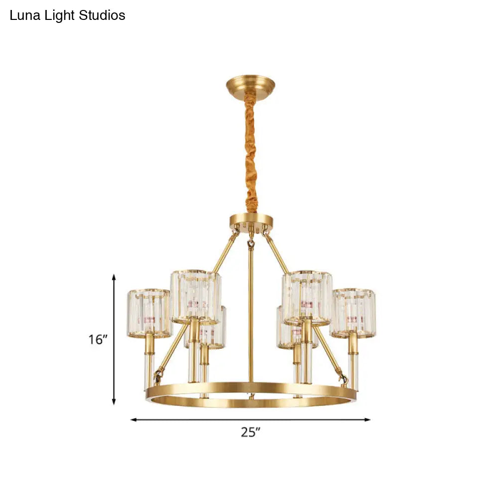 Modern Brass Cylinder Chandelier With 6 Crystal Suspension Lights - Perfect For Dining Rooms