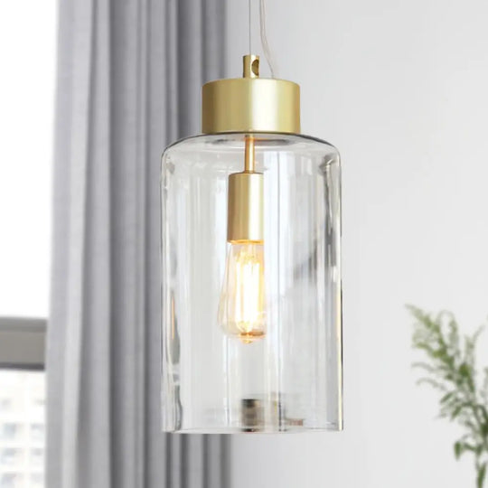 Modern Brass Cylinder Pendant Light Fixture With Clear Glass Shade Ceiling Mounted